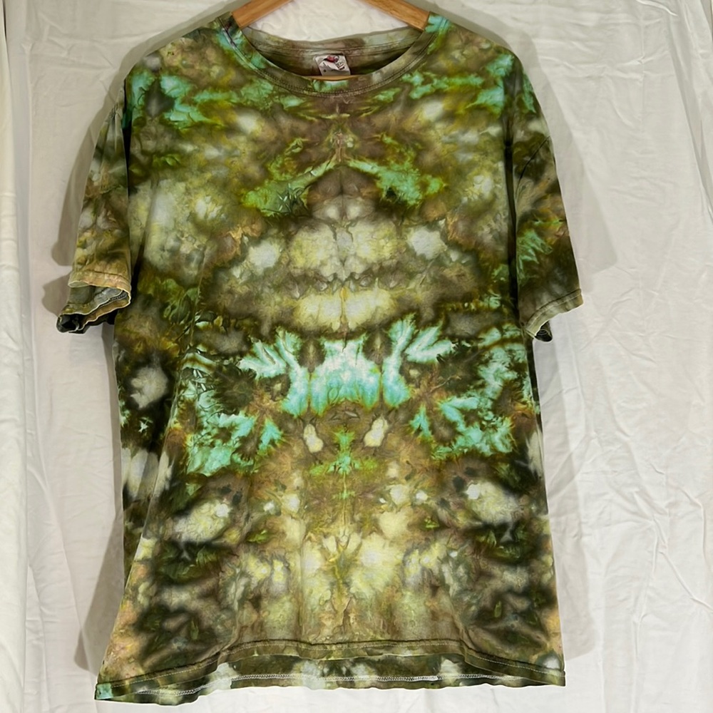 Tie Dye Ice Dyed Brilliant Cosmic Greens Short Sleeve T-Shirt  Handcrafted Large